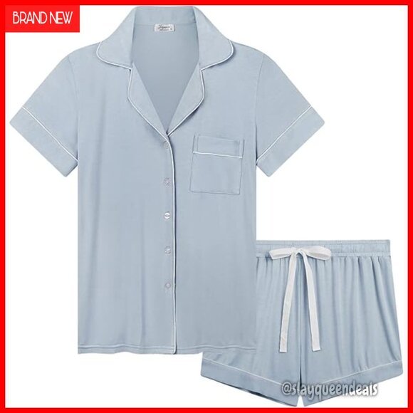 Bamboo Viscose Pajama Set Short Sleeve Button Down Top Elastic Waist Shorts